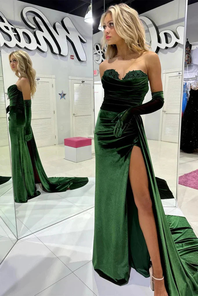 Vestidos formales Weitese para mujer, vestido largo de fiesta de graduación de terciopelo sin tirantes, escote corazón verde esmeralda con abertura, tiendas de vestidos de graduación